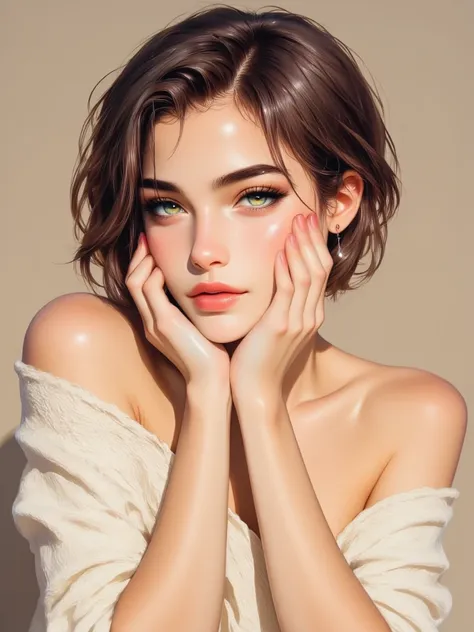 A beautiful woman with short, fluffy and messy hair, exuding a natural and casual temperament. Her eyes are bright, she is wearing a revealing loose off-white knitted sweater, the woman is slightly sideways, gently holding her cheeks with her hands, the co...