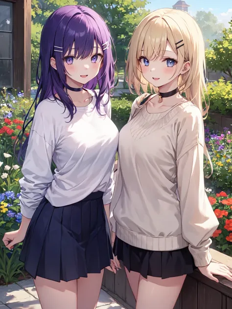  2 girls standing side by side,Two girls about the same height,Beautiful breasts, medium breasts, sweater , skirt,  happy/joy,  high res, garden,noon, top quality ,  anatomically correct , masterpieces
BREAK 
1st girl ,Purple Hair,  bob hair,  black choker...