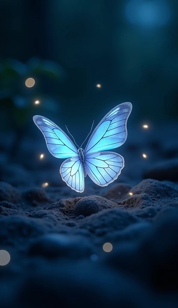 Create a surreal 3D image of a butterfly with glowing, phosphorescent wings that gently shimmer in the dark. The butterfly’s wings emit a soft, ethereal glow, subtly lighting up the surrounding space. The glow is faint but visible, creating a magical, almo...