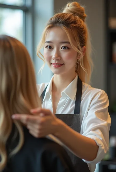 Korean 24 year old blonde blue eyes rosy mouth at work as a hairdresser wearing work clothes at the beauty salon 1.67 beautiful 4k poses doing hair on clients