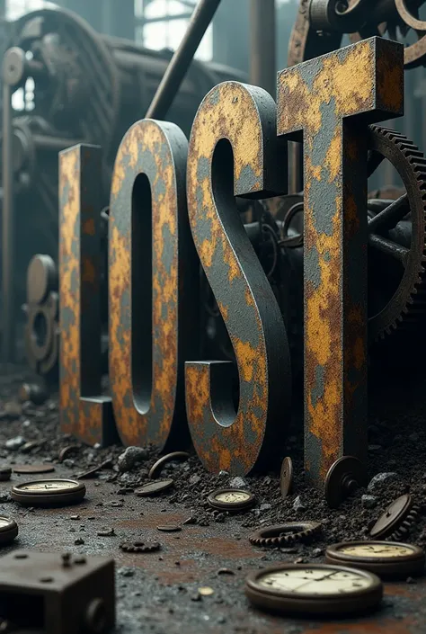 Le mot "lost" Written in large and capital metal letters on a background with clocks and gears in a steampunk universe 