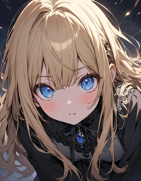 (非常に  Detailsな 、 8k wallpaper,masterpiece,  top quality , 非常に  Detailsな),(Best lighting, Best Shadow,  so delicate and beautiful),floating, high chroma, blondes+ blue eyes:1.2,Gloomy Gothic Scenery ,  long hair, Staring into the distance. (長い blondesの髪と輝く ...