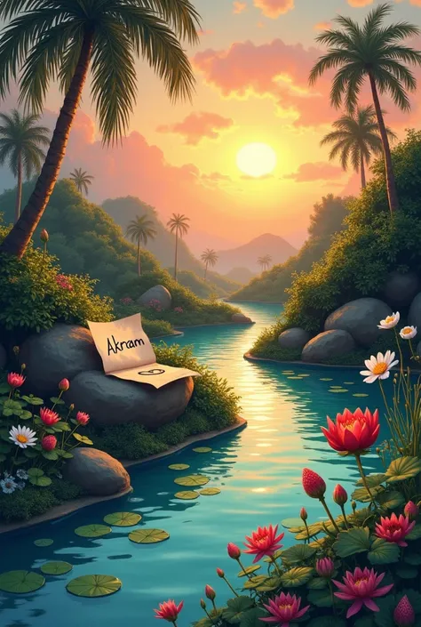 draw an oasis with a long stream of water and lily pads draw black and red flowers around a rock that has a paper written akram with two hearts and draw white flowers sprouting from the grass with a strawberry bush and make the sky have the sun already set...