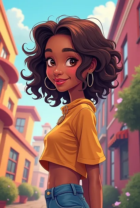 Show me a cartoon picture if venue planet is a 24 years old girl with loose curly hair and having a left side dimple,have little bit brown skin