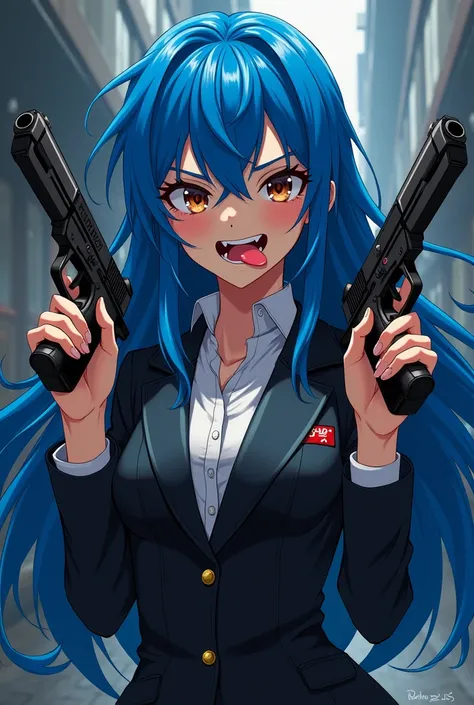 Long Hair, Blue Hair, Tongue Out, Fangs, brown eyes, two pistols, suit