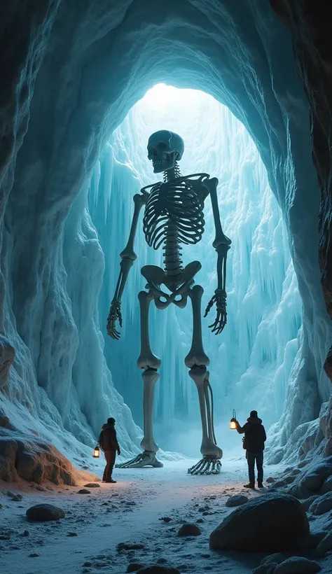 Inside a massive, glacial cave, archaeologists discover the preserved skeleton of a giant human. The colossal bones are encased in a thin layer of ice, glistening under the light of the researchers lanterns. Surrounding the skeleton are hints of ancient to...