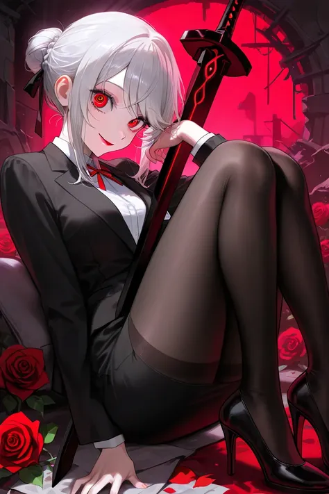 beautiful、Silver-haired beauty、swept bangs、Crimson Eyes、slant eyes、Wide Eyes、smile、Pink lips、secretary、 office lady、 black suit、harf updo、I held up the black long sword、whole body、 high heels、 black stockings 、ruins、 single hair bun, rose