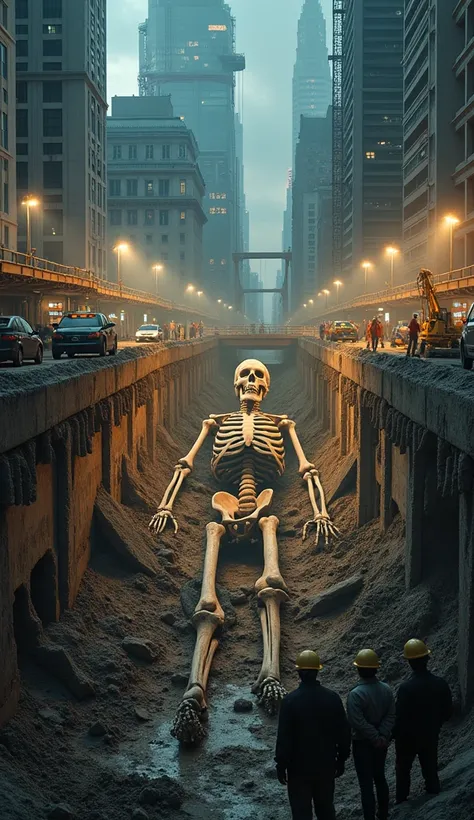 Amidst a bustling city construction project, workers stumble upon a giant human skeleton buried beneath layers of concrete and earth. Archaeologists and local authorities gather at the scene, cordoned off from curious onlookers. The massive bones, highligh...