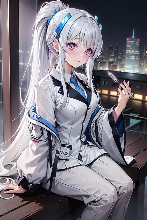 (      Best Quality   ,4K,8K,     high resolution , masterpiece :1.2),         super detailed       ,  girl ，Holy，(     silver white hair     ) ， Purple Eyes，obsessed，  Single ponytail，  pajamas，Gel coat， happy    ，  