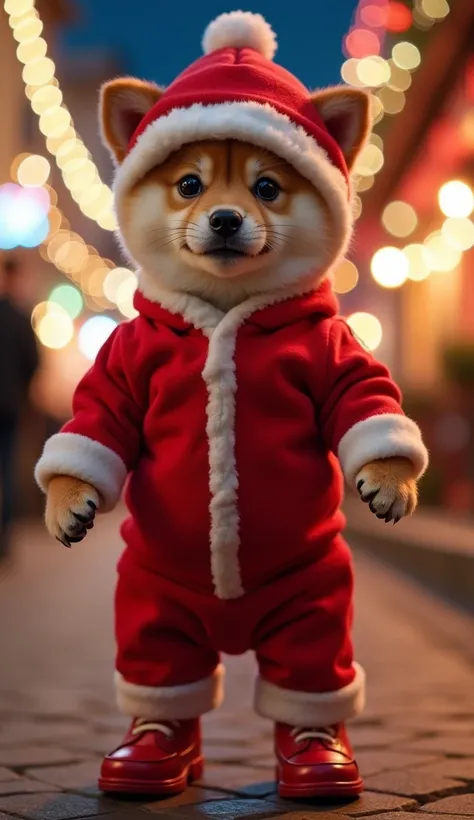 A super fat Shiba Inu puppy whose clothes look like they might burst, wearing a tight Santa Claus leotard that looks like it might burst,
a Santa Claus hat,
red shoes

A background of a nighttime neon Christmas town

Cute smile,
big pupils,

Full body,
pho...