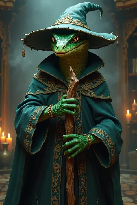 A humanoid reptile dressed as a wizard