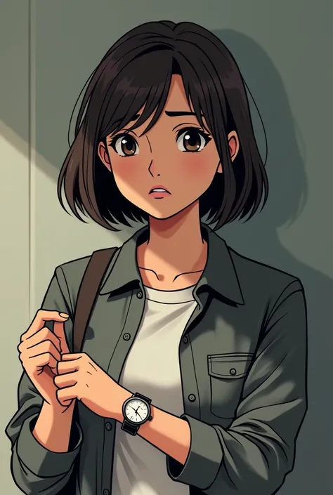 A realisitc comic style , Parent 2 (Worried, Thoughtful)
Appearance:

Gender: Female
Age: 35-40 years old
Hair: Short bob, dark brown or black
Clothing: Simple, practical clothes – perhaps a jacket or a long-sleeve shirt
Expression: Furrowed brow, anxious ...