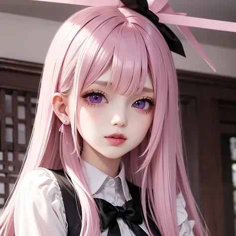   pink hair,White mesh, Dark Lines Around Eyes   ,   purple eyes,   doll face   ,  red ribbon , Silver Accessory  ,  shirt , black tie,Stick out your tongue and wink,  bust up shot 