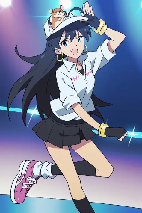 source_anime, anime screencap, anime coloring, 
on a concert stage, colorful spotlights,
 1girl, solo, Hibiki Ganaha, long hair, black hair, ponytail, antenna hair, blue eyes, hoop earrings, jewelry, bracelet, shirt black, gloves black, fingerless gloves, ...