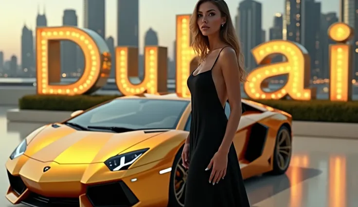 (photorealism:1.2), a woman in front of a golden lamborguine, with the city of Dubai in the background, and the name "DUBAI" in the background in an almost invisible font, blending with the scenery, a cinematic image with attractive effects