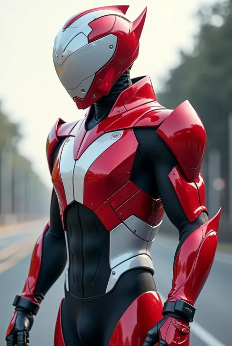 Kamen Rider, colors: red and white; inspired by racing cars, simple armor with smooth lines, helmet with clear visor
