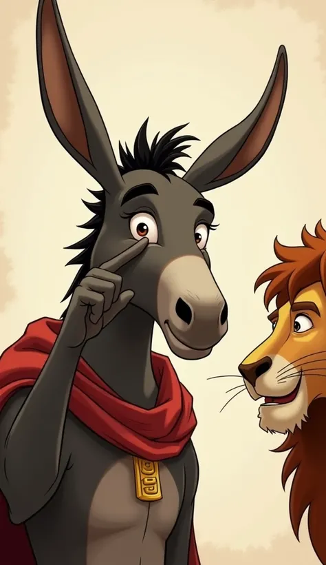 Show the hero donkey thinking for a moment, with a finger on his forehead, in a reflective moment. The lion observes, and the hero, with a slightly ironic smile, begins to understand the situation. The background can be minimalist, with fine details and sh...