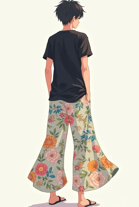 Anime boy in a black t shirt and floral leggings 