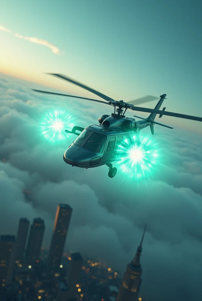 Helicopter chasing Blue and Green Orbs above the clouds above city skyline realistic close up 