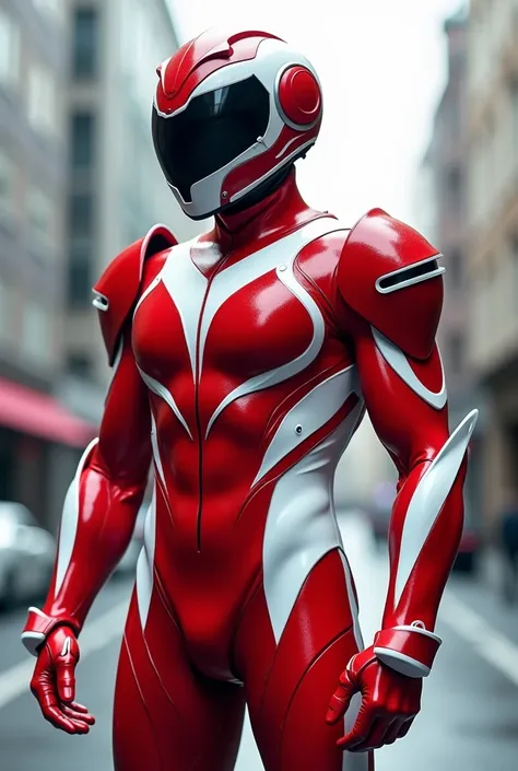 Kamen Rider, colors: red and white; inspired by racing cars, simple armor with smooth lines, helmet with clear visor
