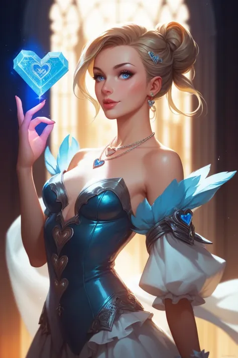 high production value modern fantasy-style candid picture of a woman in her 30s with straight shoulder-length dark blonde hair, blue-grey eyes, wearing a sleek simple shiny platinum one-shoulder dress and heart necklace, holding a magic book inside of a ma...