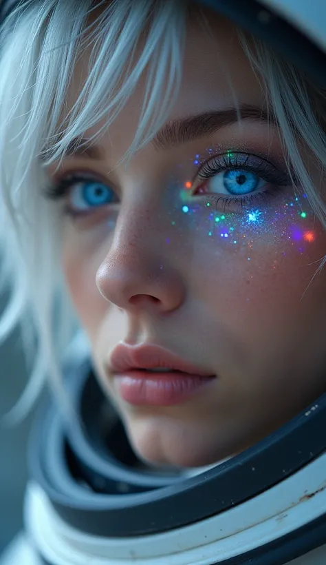 ( Close-up of a better masterpiece :1.5)0.9], (Espace et astronautes :1.2) (Messy silver hair :1.1) (Xanthochromic heterochromia and blue eyes :1.2) (Casque spatial :1.0) (Étoiles colorées dans les yeux :1.0) (Un éclat rayonnant :1.1) ( thick lips  :0.9)