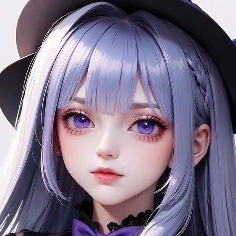  blue sapphire color hair,long dark eyeliner ,  purple eyes,  doll face  ,  red ribbon , Silver Accessory  ,  shirt , black tie,  bust up shot , female in her 20s