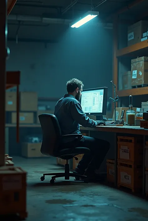 A person studying in front of computer in warehouse when its testicles are frozen