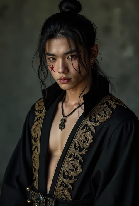 Kim Taehyung as a dark half elf dark hat man bun royal sexy black robe with gold brocade open chest athletic build handsome face jawline affectionate dark eyes dark fantasy setting dark atmosphere and lighting shadows a few small streaks of blood drops on ...