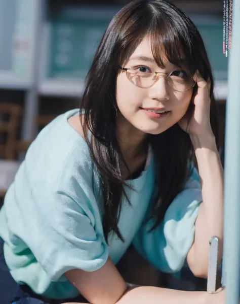  One girl , Round Glasses,  big glasses, smile,  stare at the camera ,  Short Disheveled Hair ,  dark skin,  round eyes, Cyan blue shirt,  black shorts,  close, Magazine photoshoot,  dynamic pose