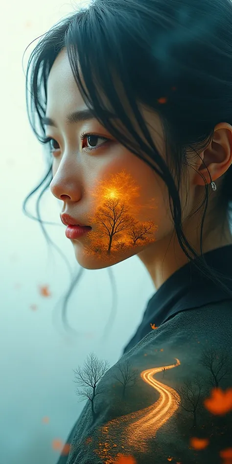   double exposure，An amazing piece of digital art，Chinese girls account for one-sixth of the screen，，Depicting the face of a beautiful woman with piercing eyes, Her skin is decorated with bright orange,  with mountains in the background from above , forest...