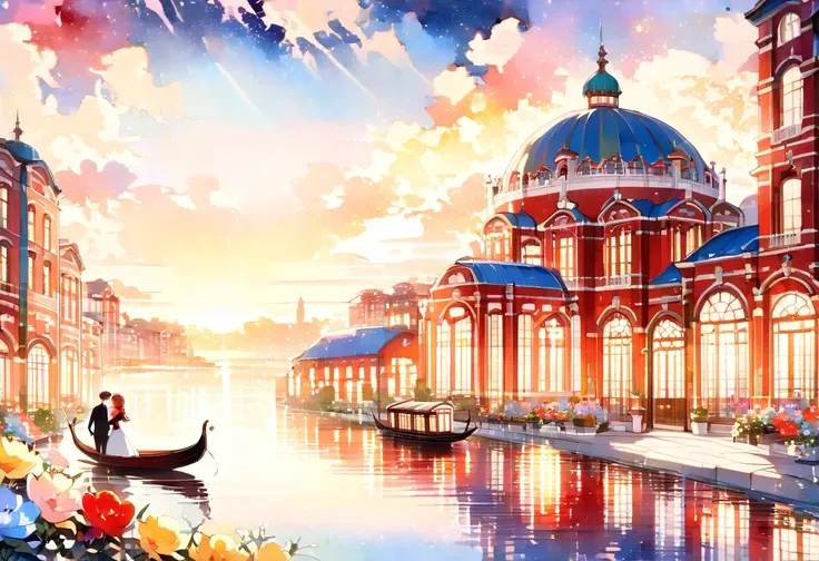 ((( elaborate watercolor painting depicting a twilight landscape with lots of red brick buildings))),(((Soul Love ))),(( top quality ,masterpiece:1.5)),((Tartarian style )),((Glittering gondolas )),((Dome-shaped roof )),(( reddish throughout )),( large col...