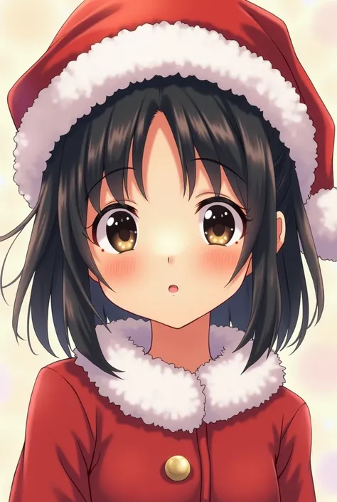  I want an anime drawing image of an  girl with a thin complexion her calipha-colored complexion her black eyes,  her black hair short to the shoulders , wearing a Christmas hat ,  with a  girl with a light complexion ,  long light brown hair ,  big light ...