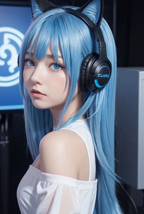  One girl ,  blue eyes, Blue Hair/ light blue hair,  cat ear headphones, The profile of the character being distributed in the game, 