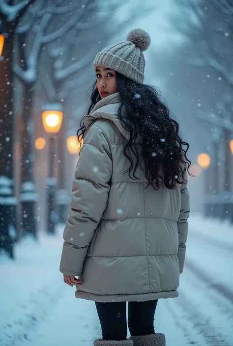 Falling snow。Street trees are also covered with snow 。 the street lamp lights are shining in the snow 　
 asian beauty with long black hair　 wearing winter clothes and long boots。Upper body photo　Hi-Vision 8k 