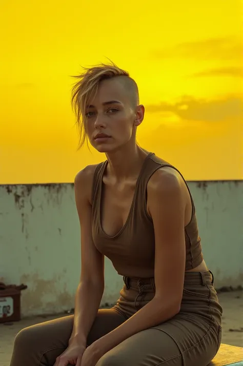 a portrait of a beautiful woman with very short hair, with the side of her head shaved against a yellow sky background in an apocalyptic setting. She is sitting on a white bench. The panel photo is from a low-angle wide-angle lens