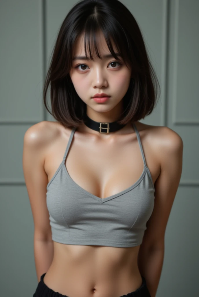 1girl, 20 years old, looking frustrated, ((looking at viewer, (hands behind back))). Photorealistic, top quality, best quality. crop top, bondage, collar. Asian. 