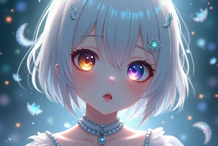 White Hair,  mole under eye, Mismatched sclera,  Heterochromia , , shy,  laughs, Bell,  ray tracing, god rays,  backlight,   shining centipedes ,  Anime Style   