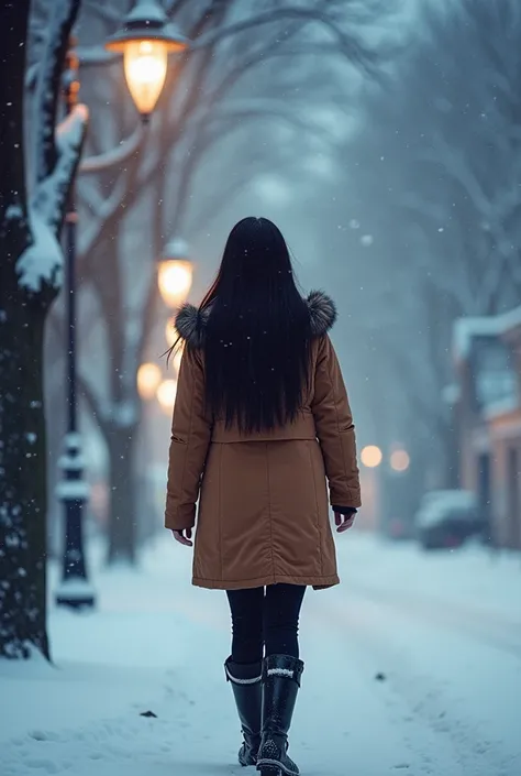 Falling snow。Street trees are also covered with snow 。 the street lamp lights are shining in the snow 　
 asian beauty with long black hair　 wearing winter clothes and long boots。Upper body photo　Hi-Vision 8k 