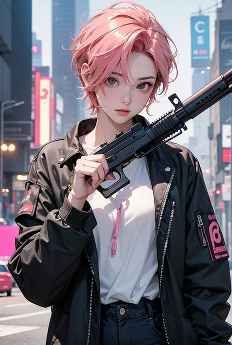  cyberpunk　Pink hair woman　 short cut hair　Sniper　Hold Up Your Gun and Shoot 　 cyberpunk近未来黄色スタイリッシュジャケット　 cyberpunk近未来カーキ色カーゴパンツ　