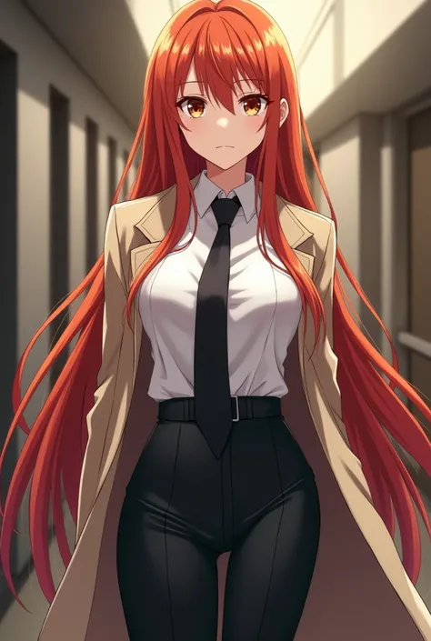 The anime woman 

Hair: Makima has long, straight red-orange hair that falls just below her shoulders. It has a natural shine and is often kept neatly styled, complementing her overall composed and professional demeanor.

Eyes: Her eyes are a captivating l...