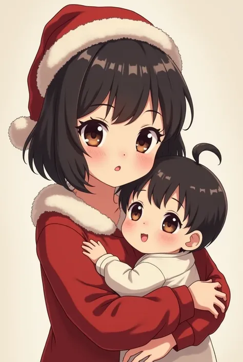  I want an anime drawing image of an  girl with a thin complexion her calipha-colored complexion her black eyes,  her black hair short to the shoulders , wearing a Christmas hat ,  with a  girl with a light complexion ,  long light brown hair ,  big light ...