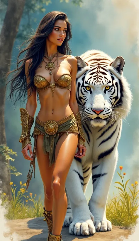 ((( watercolor painting by Frank Frazetta)))。 white tiger。Beautiful and strong female warrior with slender abs 