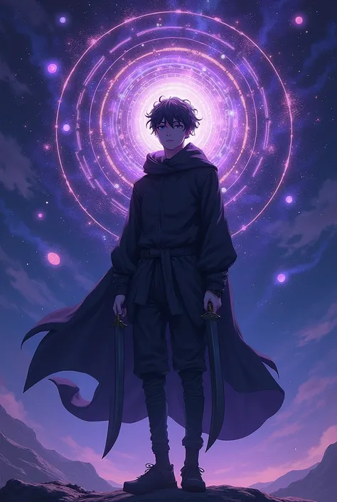 A young man that looks like a violet night sky, chaos, disorder, entropy, flying armillarspheres around him, in the galaxy, blades that are attached to his forearm, black cloak, manga/anime style