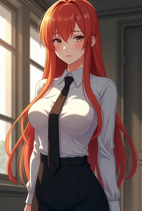 Anime woman 

Hair: Makima has long, straight red-orange hair that falls just below her shoulders. It has a natural shine and is often kept neatly styled, complementing her overall composed and professional demeanor.

Eyes: Her eyes are a captivating light...