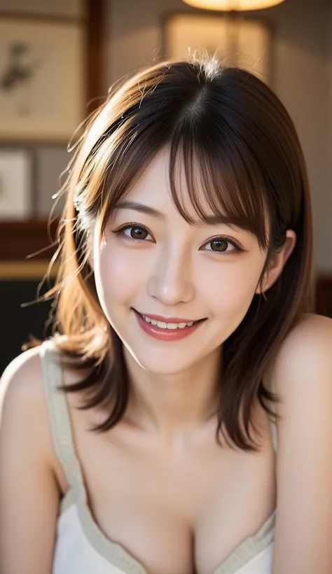 12Ｋ、ＨＤＲ、 bits deep 10 bits 、 charming posing、 (  realistic  ) , (photo  realistic  :1.4), masterpiece,  so delicate and beautiful ,  very detailed bust ,smile、(  light brown hair )、 adult appeal 、 clear white skin  、  happy face、((( White teeth are visible...