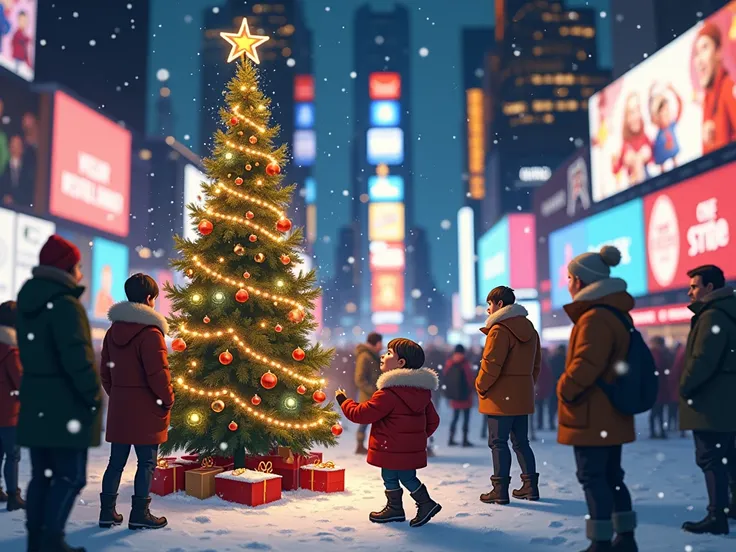 adults gathering around the time square, ren playing with Christmas tree in winter with snow at night