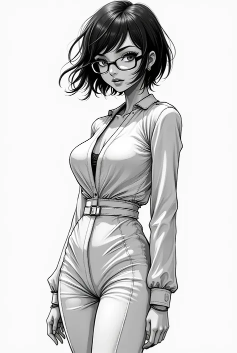 Monochrome manga style illustration, elegant fragile like a teenager woman with tiny breast, slim and graceful figure, pronounced wide hips accentuating femininity, stylish rectangular glasses framing expressive eyes, thoughtfully dressed in a fitted attir...