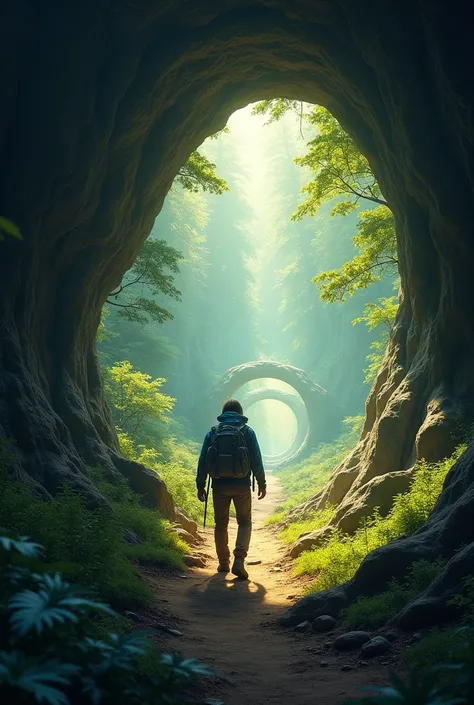  so he decided to go hiking in the woods one day and discovers a cave with a portal in it,