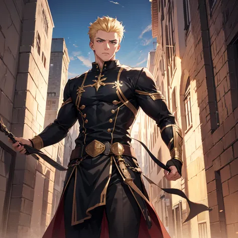 Anime attractive man, 20 year old, blonde hair, slicked back, tall, fit, solo, one person, black adventurer clothes, black tunic, arms spread, redeemer pose, masculine face, berserker clothes.